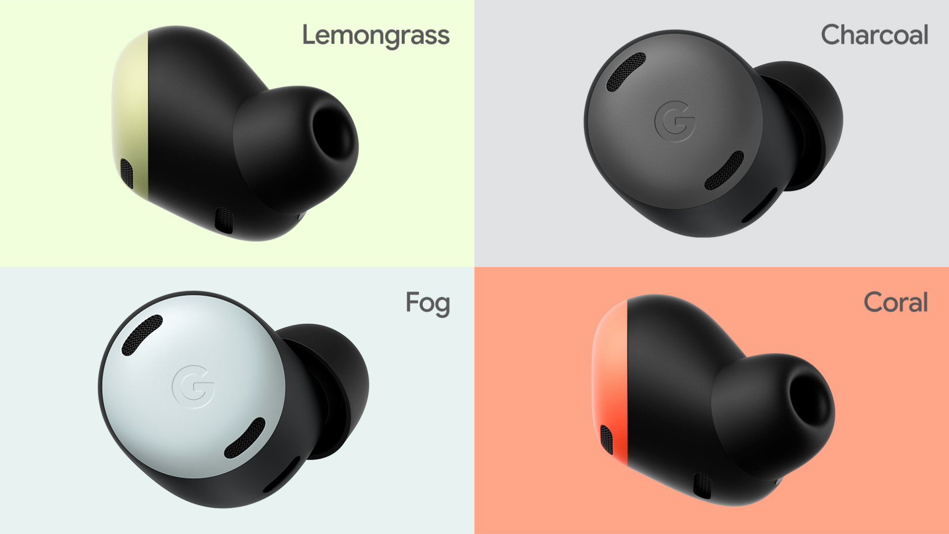 Fones Pixel Buds Pro nas cores verde limão, preto, cinza e laranja